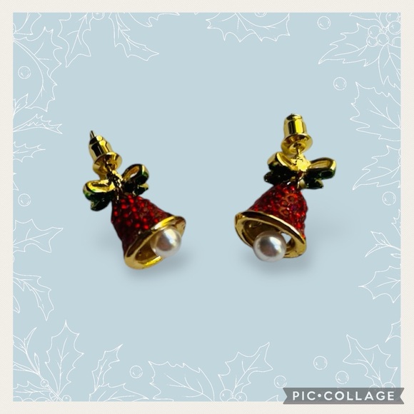 NEW Xmas Red & Green Rhinestone Pearl Bell Post Earrings - Picture 11 of 13